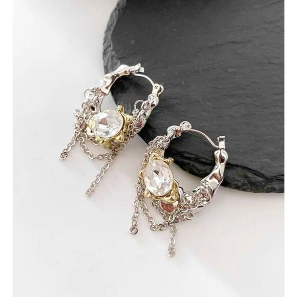 NEW Earrings Two Tone Crumpled Molten Metal Silver Gold CZ Unique N14 - Picture 3 of 5